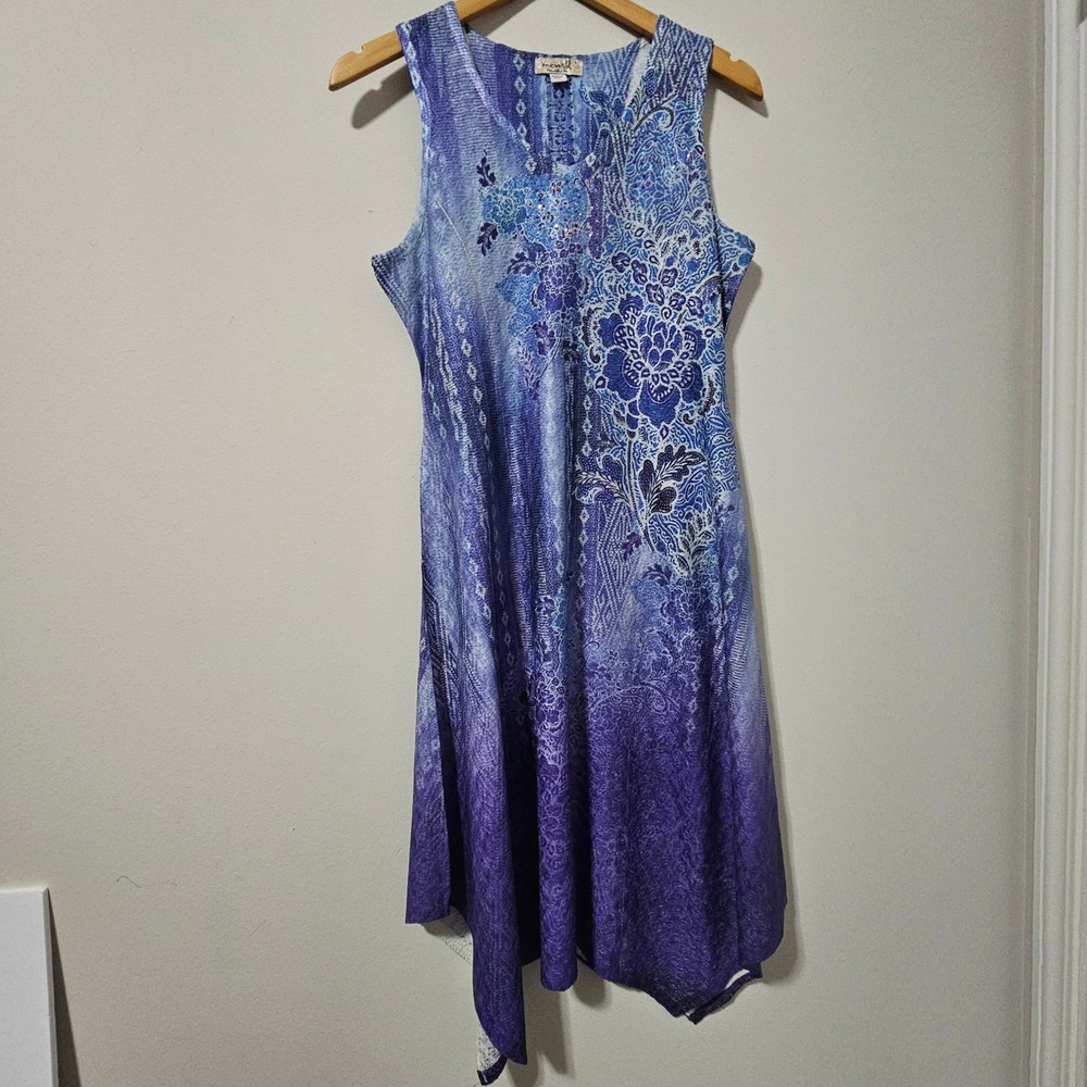 One World Blue‎ Purple Ombre Paisley Sharkbite Hem Sleeveless Dress Rhinestone S